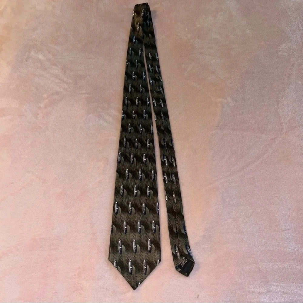 Oscar de la Renta green blue silver oval print silk tie made in USA